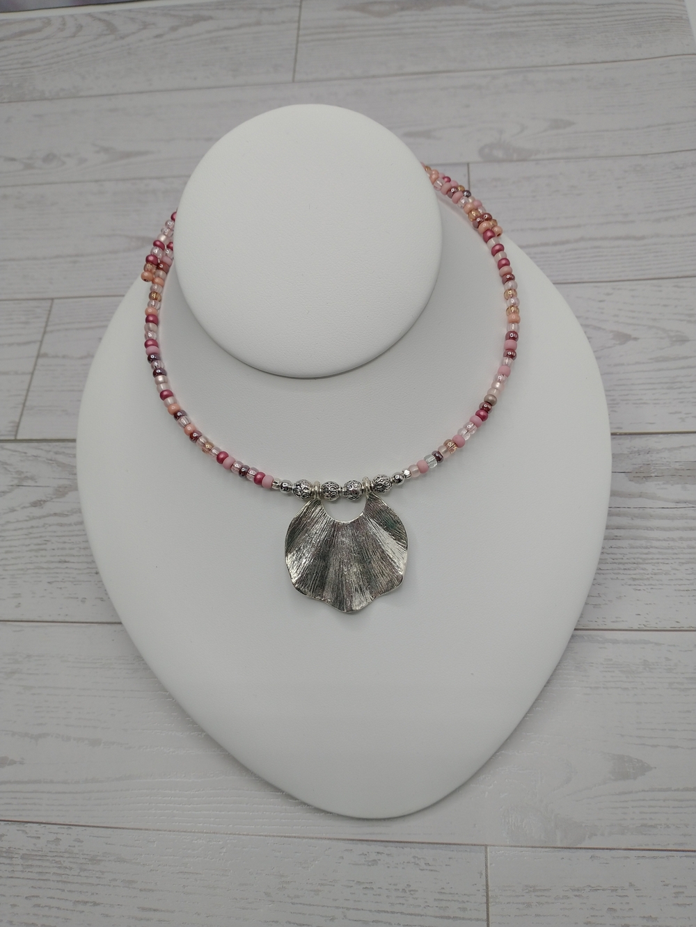 Hand Crafted Memory Wire Choker Necklace, Antique Silver Tone Pendant
